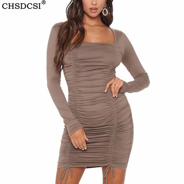 

short streetwear club dress slash neck drawstring folds long sleeve woman straight party plus size mini dresses casual, Black;gray