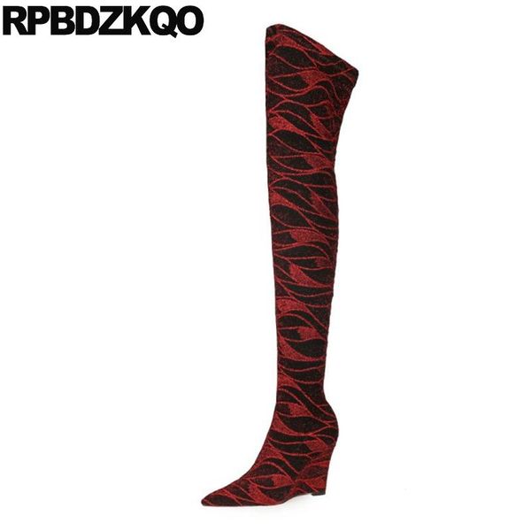 

boots high heel thigh for plus size women 10 over the knee wedge red pointed toe dance stripper pole big shoes slim crotch, Black