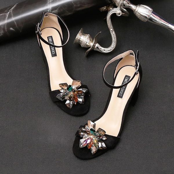 

chunky heel black fashion women's sandals straight line buckle crystal diamond flower low semi-high shoes summer style