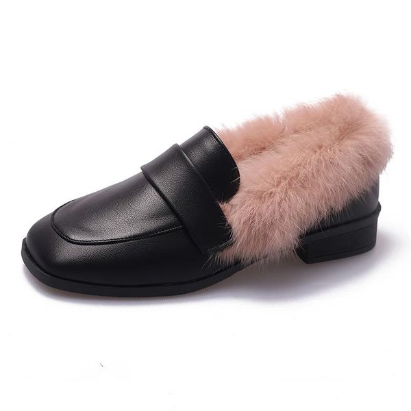 

slippers leather flats winter loafers women shoes warm soft ballet, Black