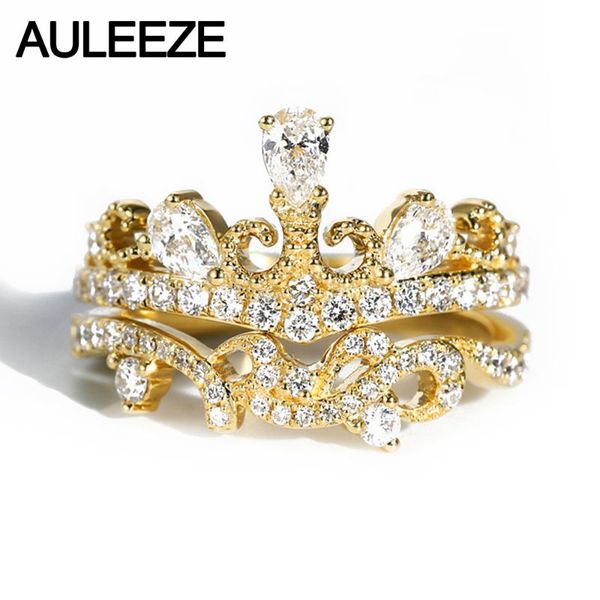 

cluster rings auleeze 14k yellow gold moissanite bridal set vintage crown water drop diamond wedding for female fine jewelry, Golden;silver