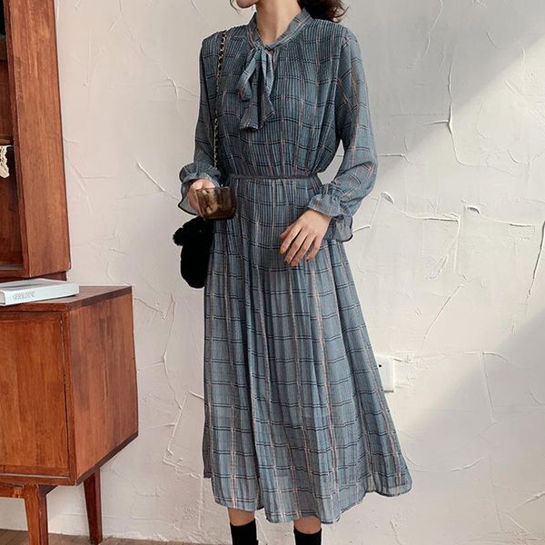 

casual dresses korean bow neck women plaid print dress 2021 spring full sleeve slim waist lace-up mid-calf female chiffon, Black;gray