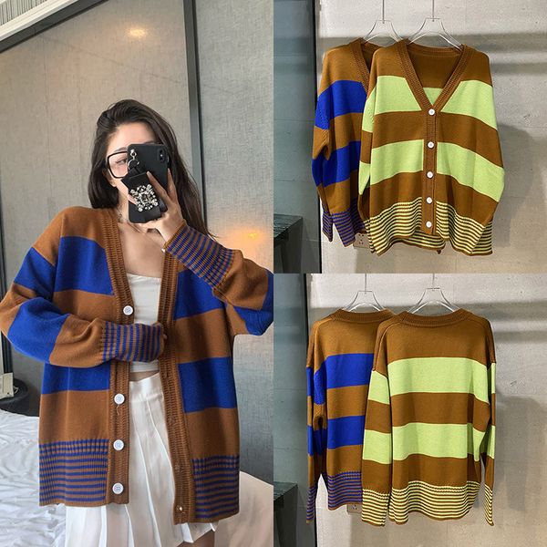 

autumn 2021 korean wide color matching large v-neck stripe lazy wool knitted cardigan chic sweater trend, White