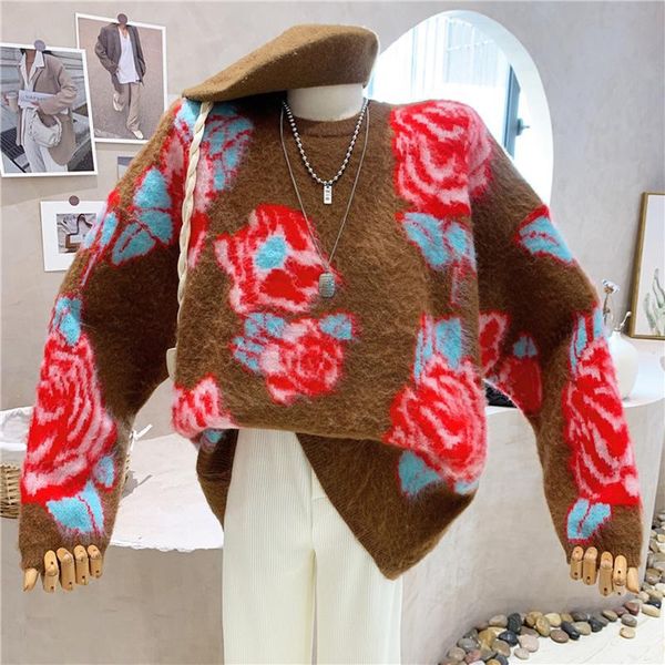 

women's sweaters [ewq] autumn winter 2021 korea flower print lazy wind round neck medium long loose thin black sweater women tide 16e49, White;black