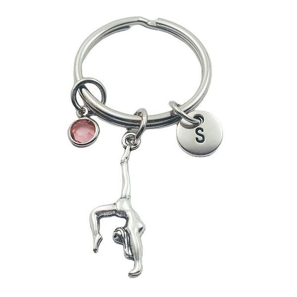 

keychains gymnastics girl initial letter birthstone keyring creative fashion jewelry women gifts accessories pendant, Silver