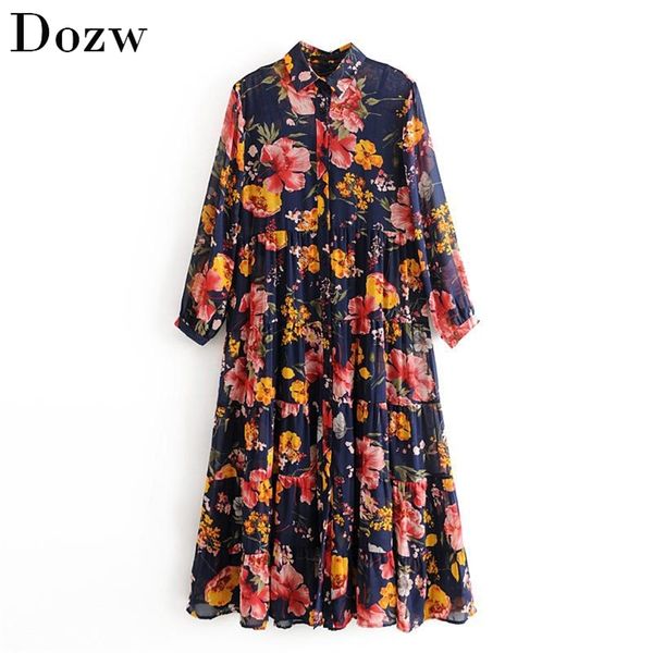 

floral print boho chiffon dress women turn down collar loose shirt female long sleeve pleated beach es ladies vestido 210515, Black;gray