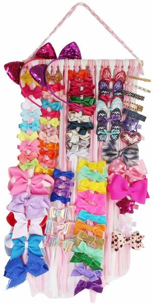 

bow holder organizer hair accessories storage display for baby girls room door wall, Pink