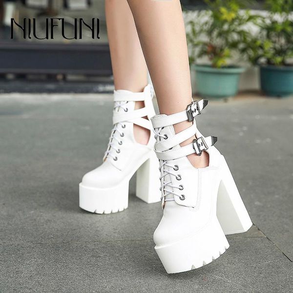

boots ankle strap solid slip on waterproof platform women's western thick buckle 2021 high heels party wedding shoes, Black