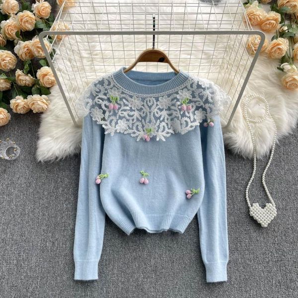 

women's sweaters singreiny sweet korean sweater women three-dimensional cherry lace casual 2021 autumn winter streetwear knitted pullo, White;black