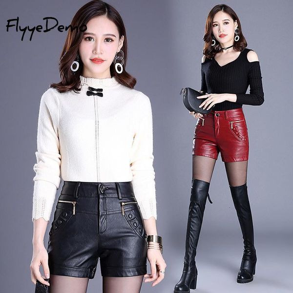 

4xl korean pu faux leather shorts women autumn spring mid waist wide leg ladies plus size black red short femme 210310, White;black