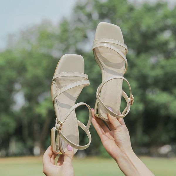 

block heels roman sandals 2021 women's med suit female beige ankle strap ladies shoes summer chunky gladiator medium black c