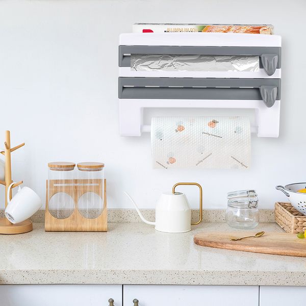

cling film cutting holder kitchen organizer tool mutifunction refrigerator wall-mount storage shelf tin foil paper towel sauce bottle rack
