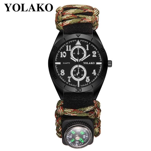 

wristwatches outdoor survival watch compass umbrella rope emergency bracelet weave escape sports clock hiking, Slivery;brown