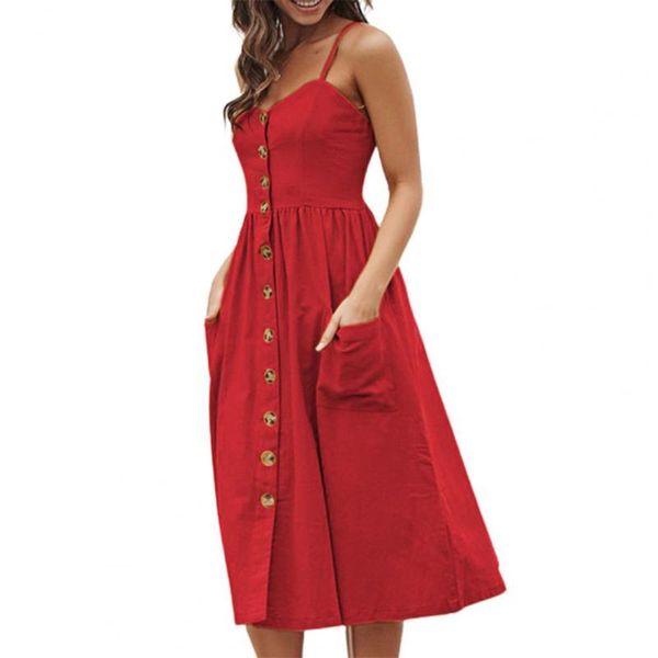 

casual dresses women sling dress solid color single-breasted spaghetti straps backless polka dot striped midi for summer, Black;gray