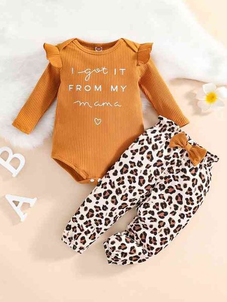 

baby slogan graphic ruffle trim bodysuit & leopard bow front pants she, White