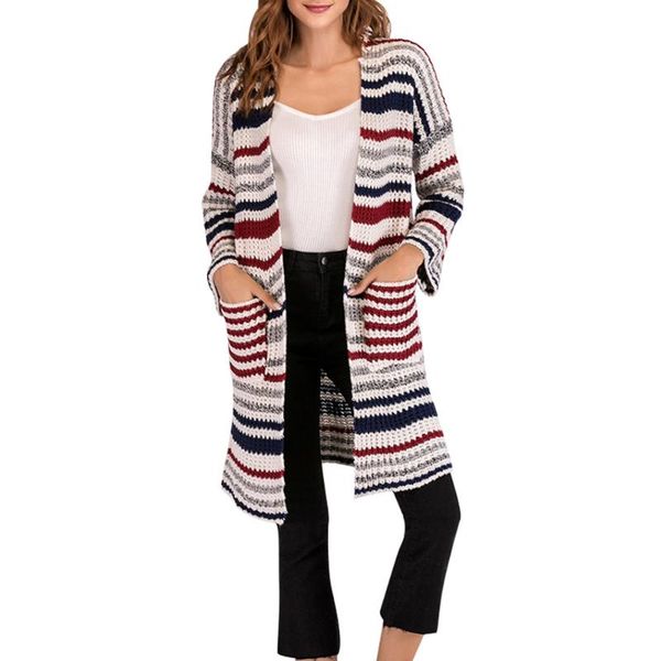 

women's sweaters casual long sleeve knitted sweater women warm winter oversize pocket striped open front cardigan, White;black