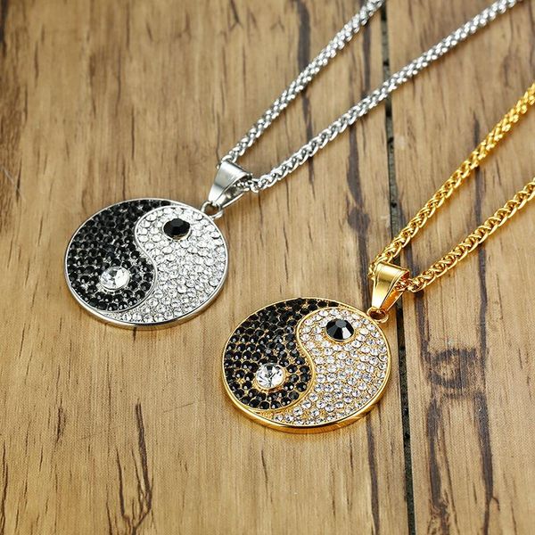 

pendant necklaces zorcvens black clear cz stones bagua yingyang gold tone stainless steel for men, Silver