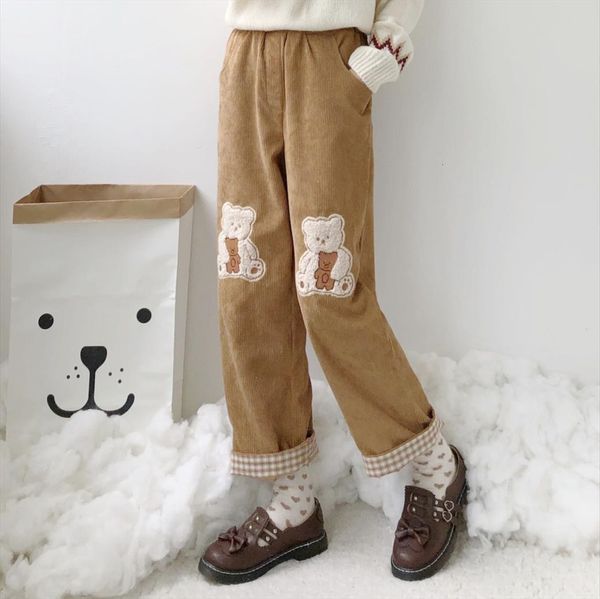 

cute bear kawaii thick casual womens pants korean style autumn winter students plus velvet wide leg ankle length, Black;white