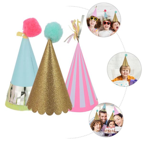 

Party Hats 3pcs Pompom Birthday Hat Paper Po Prop Cone