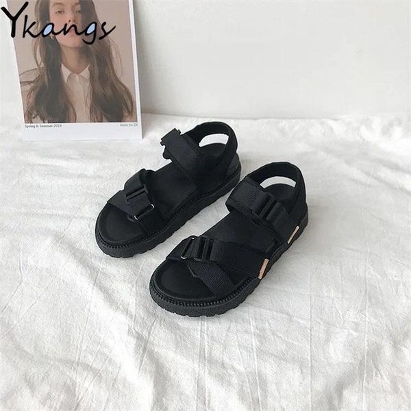

summer black cross strap women beach sandals thick bottom contrast color breathable vulcanized shoes outdoor leisure flat