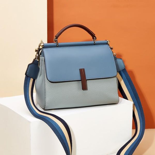 

contrast color 100% genuine leather handbags women luxury fashion striped wide strap ladies shoulder messenger crossbody bags cross body