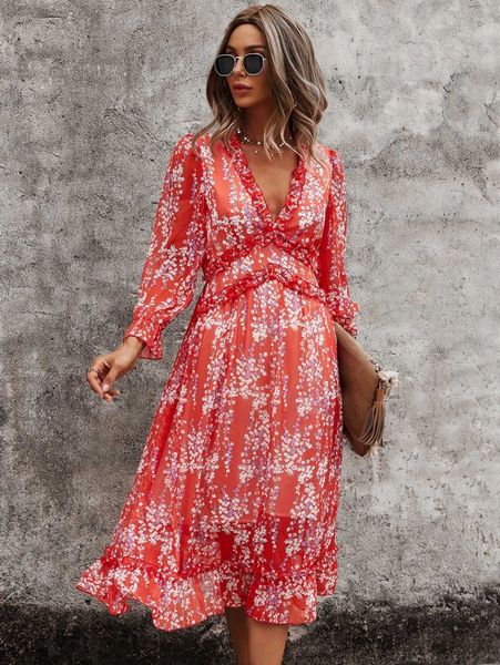 

all over print deep v-neck ruffle hem dress m0is#, Black;gray