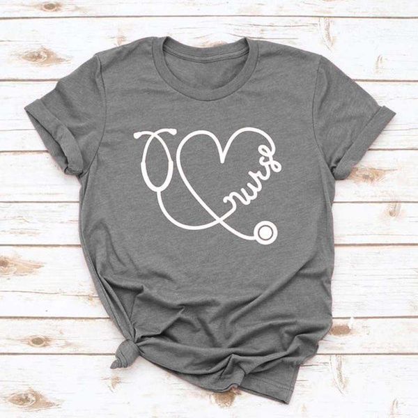 

nurse stethoscope heart print women t shirt short sleeve o neck loose women tshirt ladies tee shirt clothes camisetas mujer x0527, White