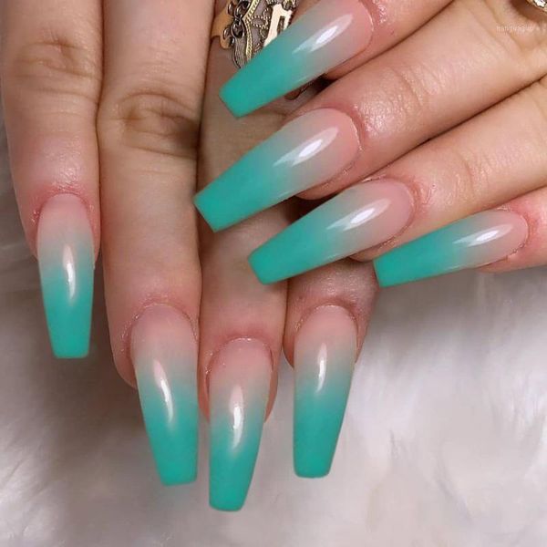 

aquamarine green gradient long ballet manicure finished fake nails patch nail waterproof and removable1, Red;gold