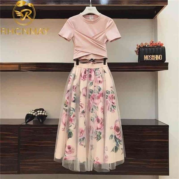 

women irregular t shirt+mesh skirts suits bowknot solid vintage floral skirt sets elegant woman two piece set 210520, White