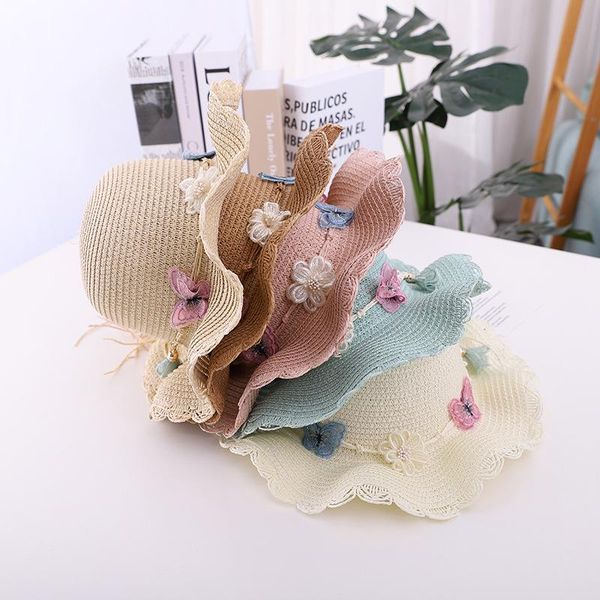 

kids summer straw hat bag set lovely pearl butterfly decorative sun beach travel sunscreen cap caps & hats, Yellow