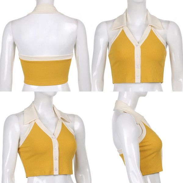 

women's tanks & camis women lapel halter crop button down v-neck backless slim camisole contrast color patchwork ribbed mini vest, White
