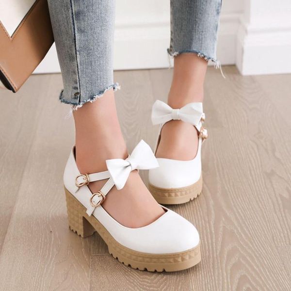 

dress shoes ankle strap women pumps lolita platform high heels pink mary jane bow block heel ladies party large size34-43, Black