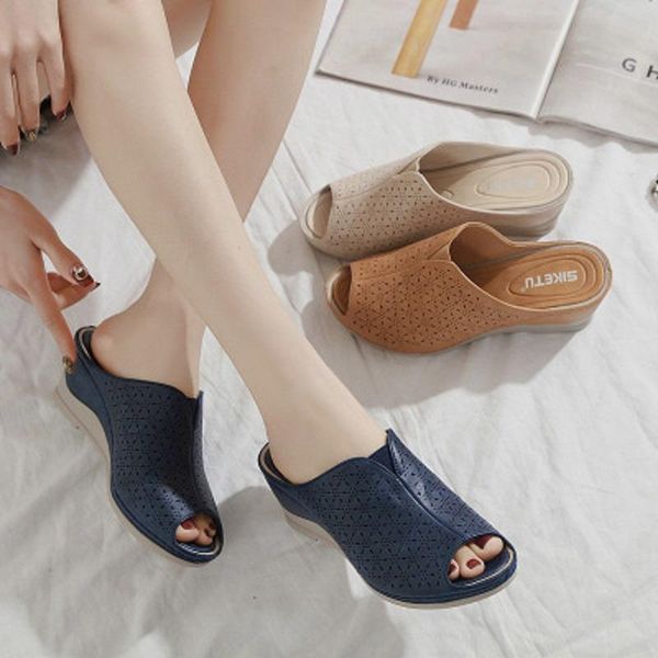 

fashion summer women fish mouth slippers pu leather shoes solid thick sole heels beach sandals womens outside wedges slides, Black