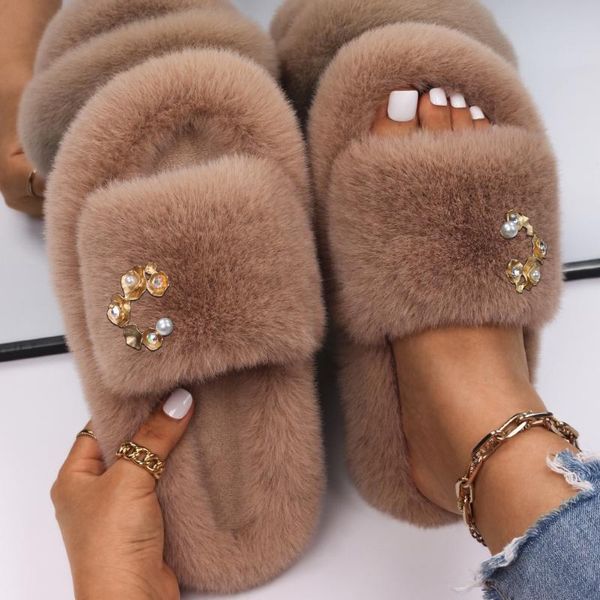 

slippers women's fluffy faux fur pearl rhinestone metal flower designer slides flat sandals flip flops custom shoes, Black