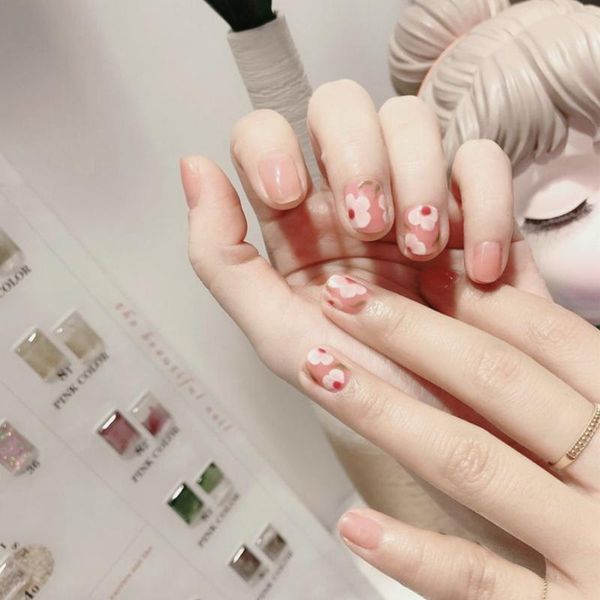 

false nails 24pcs short flower field rose fake nail 3d diy fashion style plastic art tips with glue, Red;gold