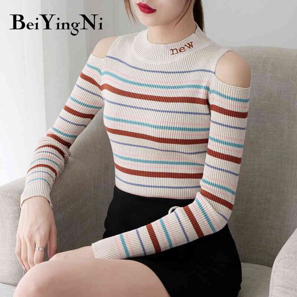 

vintage casual off shoulder sweaters women striped slim fashion spring autumn pullover knitted female jumper 210427, White;black
