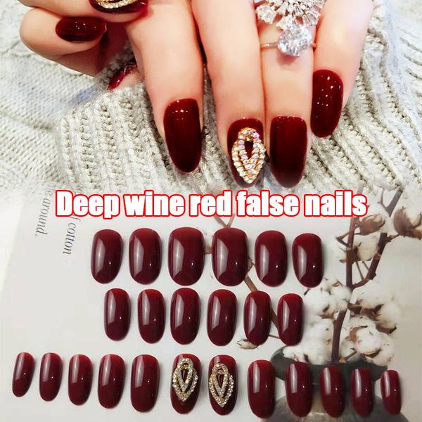 

false nails 3d wine red faux nail diamond wedding bridal art tools care finished full cover fake press with glue, Red;gold
