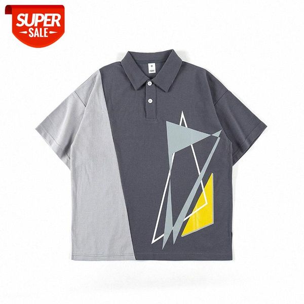 

summer high street print short-sleeved t-shirt trendy loose geometric color-blocking polo shirt tee #3d3s, White;black