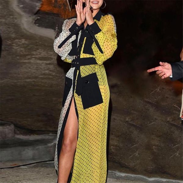 

yellow black pathwork chiffon womens dress polka dot maxi slit long sleeve with sashes pocket retro tunic robes femme covers, Black;gray