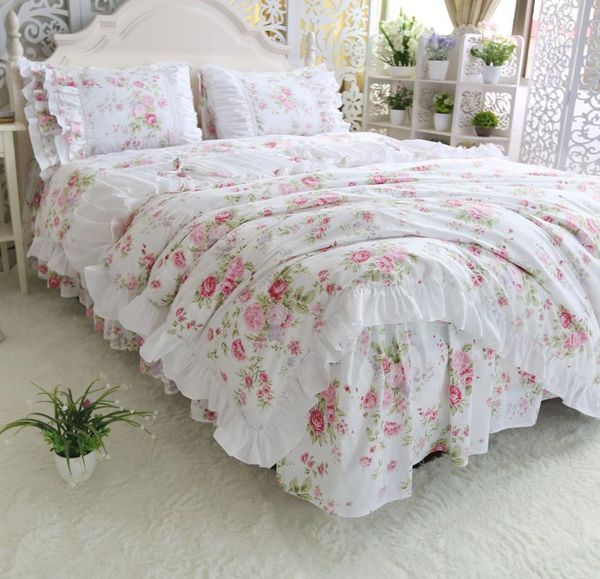 

bedding sets cotton flower set twill princess wind ruffled quilt cover pillowcase plant warn print bowknot bed spread