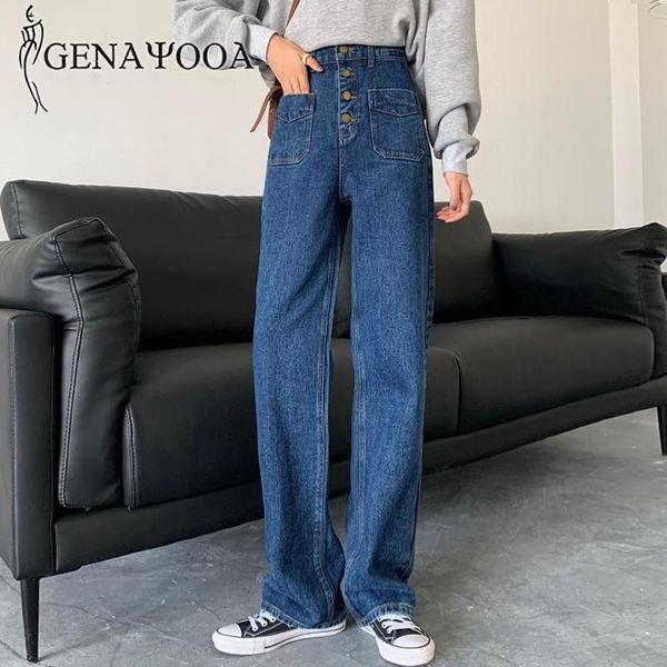 

genayooa korean jeans high waist casual loose boyfriend for women streetwear vintage denim jean trousers drak blue 2021 women's