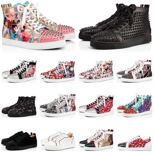 

fashion red bottoms designer shoes men women casual sneakers high low graffiti spikes leather suede trainers, Black