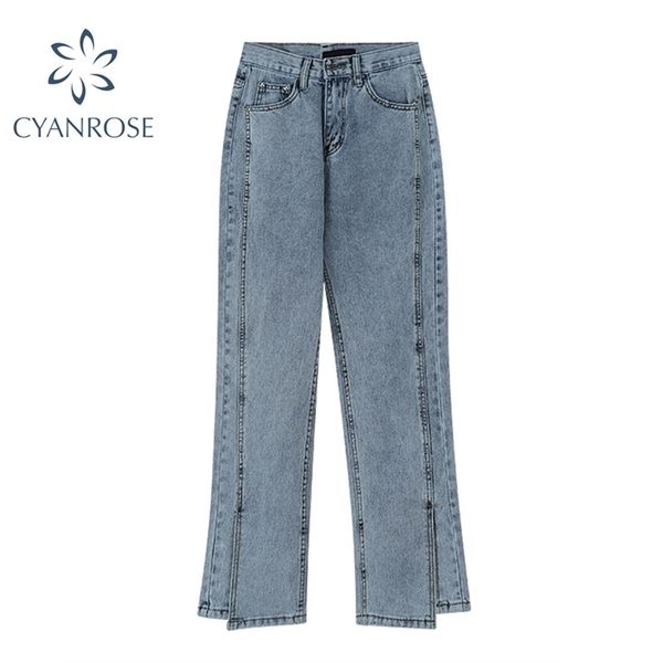 

long flare denim pants high waist fashion spliced pocket baggy jeans trousers streetwear korean harajuku light blue 210430