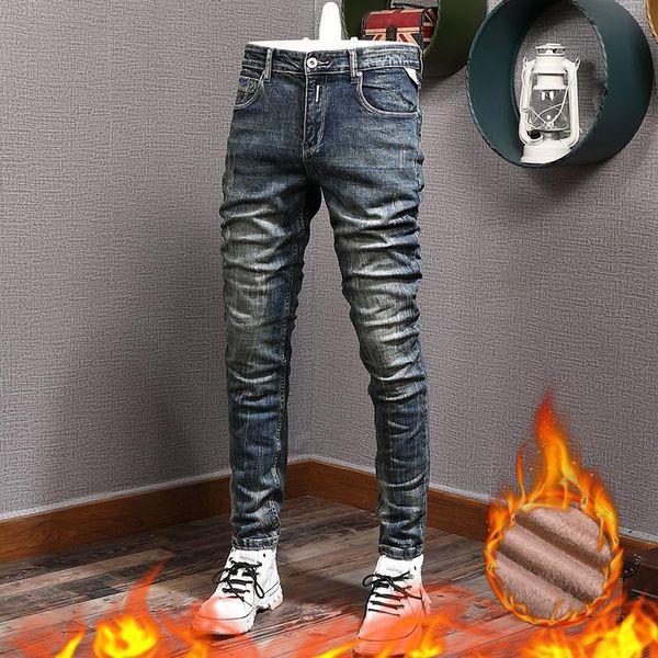 

men's jeans ly winter fashion men vintage designer retro blue elastic slim ripped thick velvet warm casual denim pants
