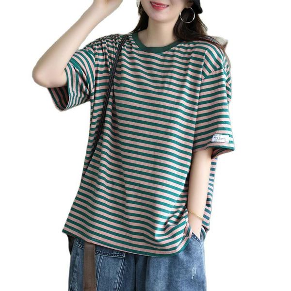 

plus size women's striped short sleeve t-shirt 2021 summer loose and casual t shirts, White