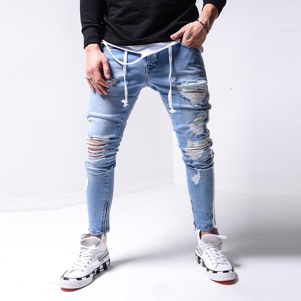 

men's jeans 2021 autumn vintage solid zipper denim trouser men fashion street style ripped casual slim jean pants mens streetwear, Blue