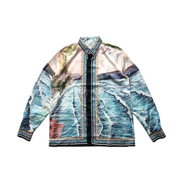 

men's casual shirts casablanca sunset evening waves niche casual satin long sleeve shirt, White;black