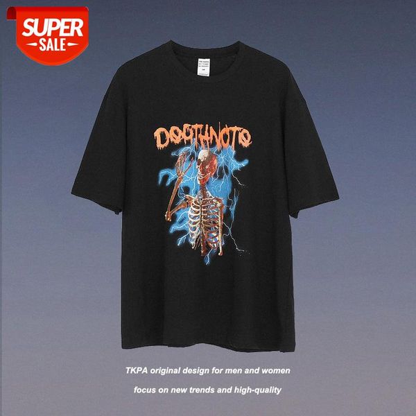 

high street rock band skull print loose wild t-shirt hip-hop oversize short-sleeved men and women #sp6v, White;black