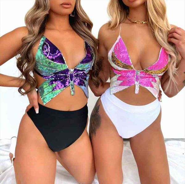 

sequins butterfly halter camisole women suspender strap crop summer fashion lady backless shiny camis, White