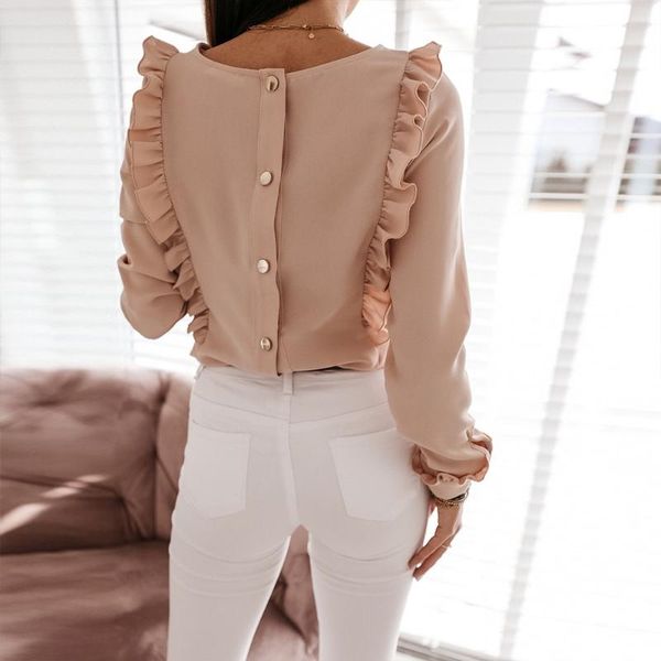 

women's t-shirt women casual soild color ruffle autumn long sleeve o-neck tee ladies office elegant clothes buttons ol blusa, White